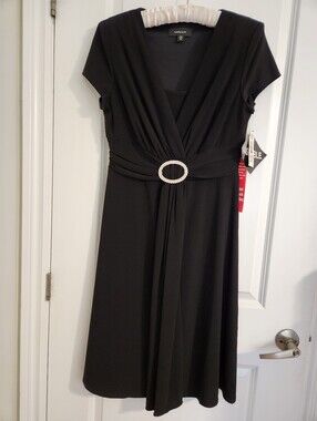 M Richards Short Sleeve Faux Wrap  Dress with a Rhinestone Waist Buckle